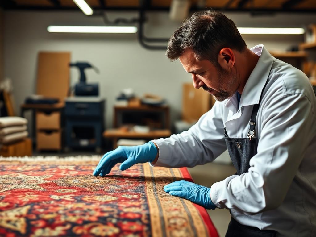 Master craftsman hand-cleaning a Persian rug